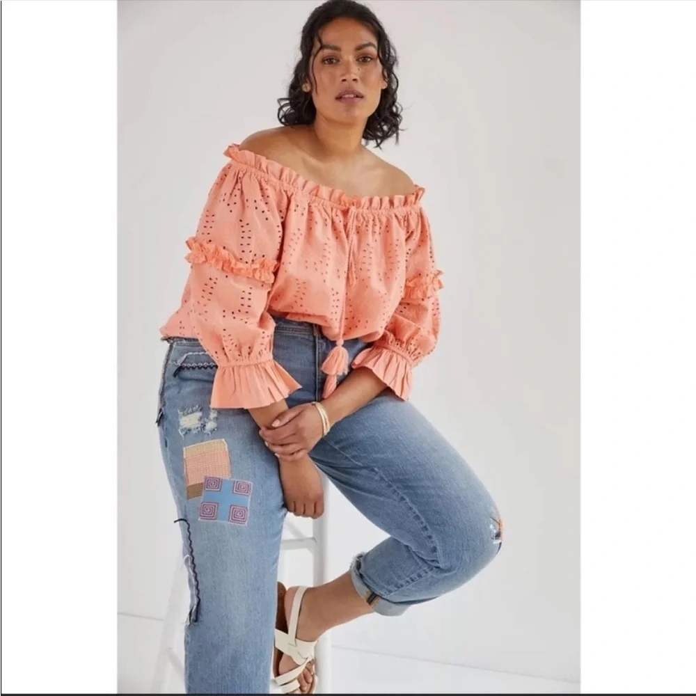 Anthropologie Peach Eyelet Lace Off Shoulder Blouse Size 4 Boho Top NWT